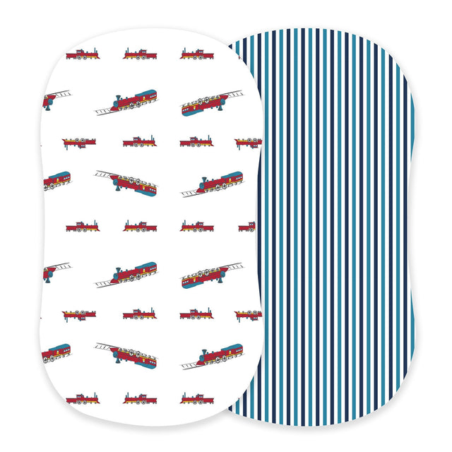 Vintage Steam Trains and Blue and White Stripe Bamboo Changing Pad Cover/Bassinet Sheets - HoneyBug 